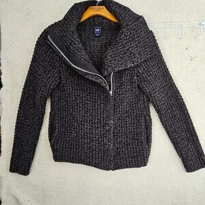 Gap Heavyweight Black Gray Woven Cotton Cable Knit Zip Sweater Cardigan L EUC